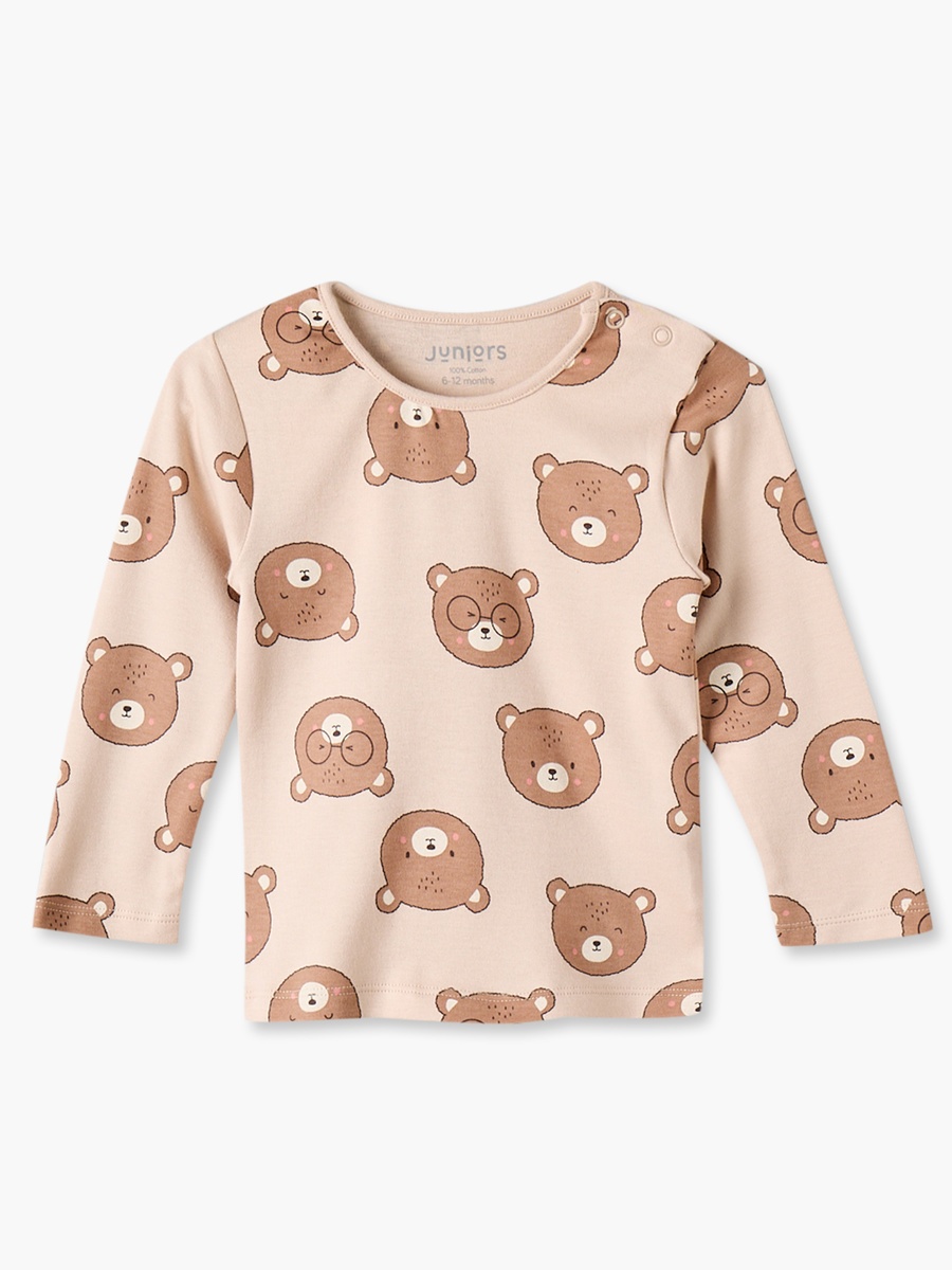 Cotton Crew Neck Long Sleeves Pyjama Set with Bear Print