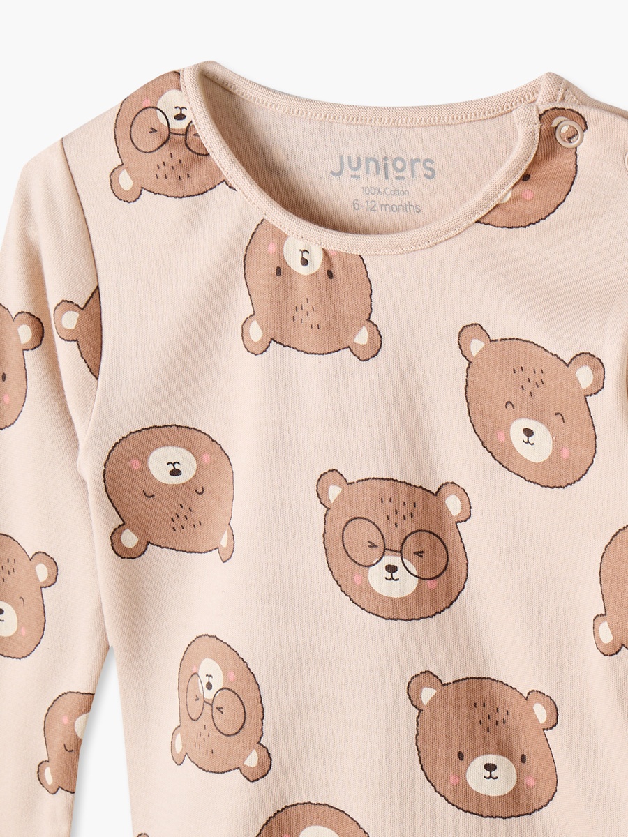 Cotton Crew Neck Long Sleeves Pyjama Set with Bear Print