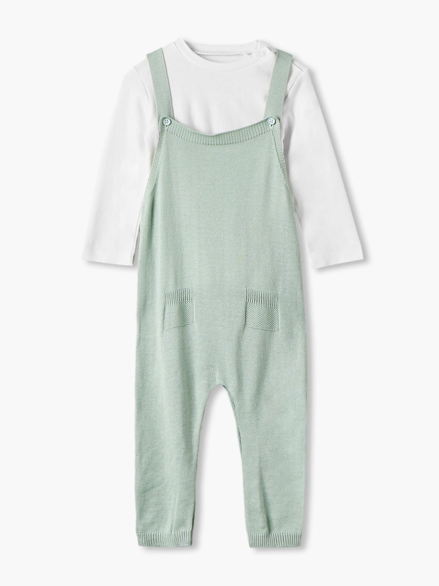 Crew Neck Long Sleeves Top and Dungaree Set with Snap Button Closure