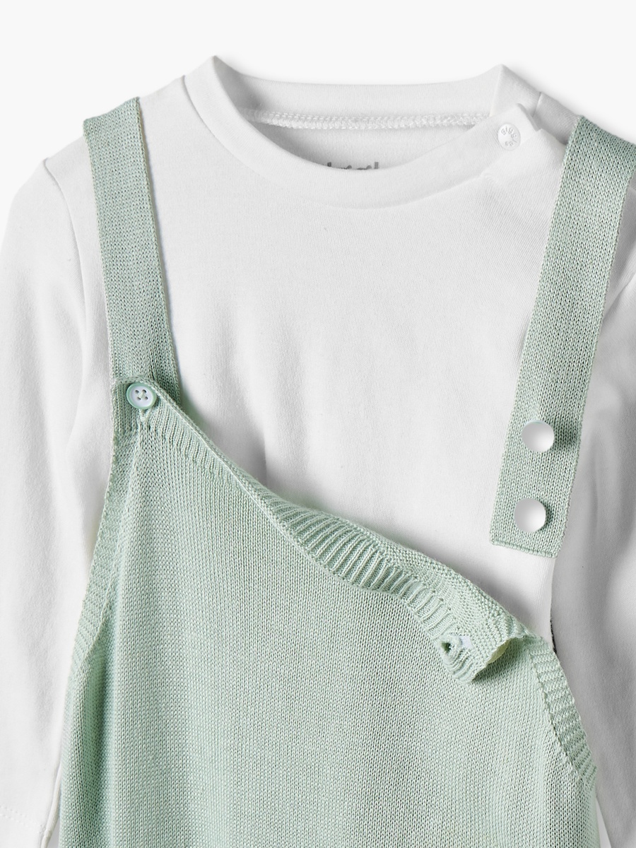 Crew Neck Long Sleeves Top and Dungaree Set with Snap Button Closure