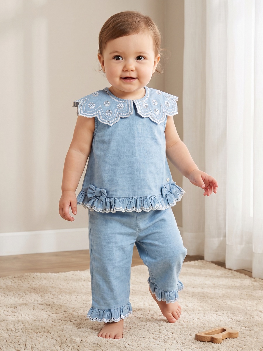Collared Sleeveless Top and Pants Set with Embroidery