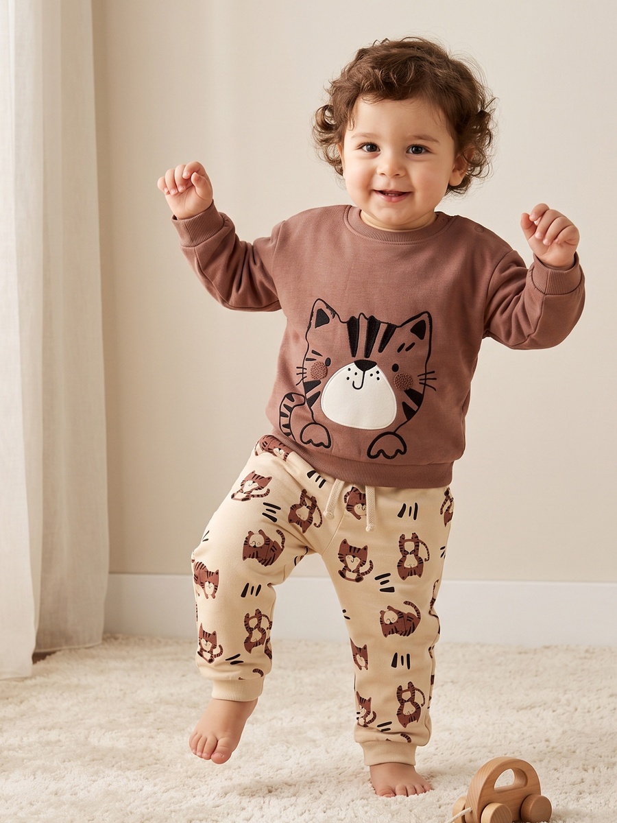 Round Neck Long Sleeves Sweatshirt and Joggers Set with Tiger Print