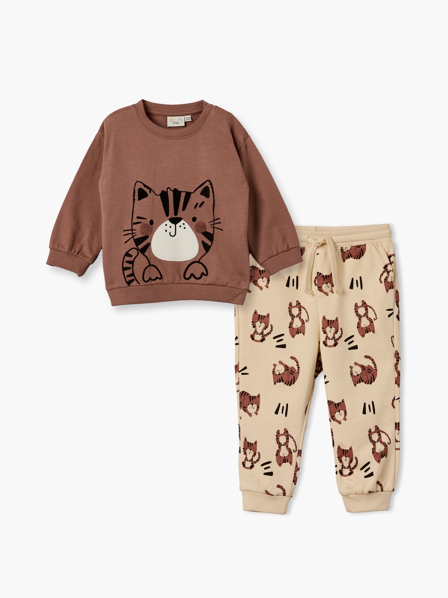 Round Neck Long Sleeves Sweatshirt and Joggers Set with Tiger Print
