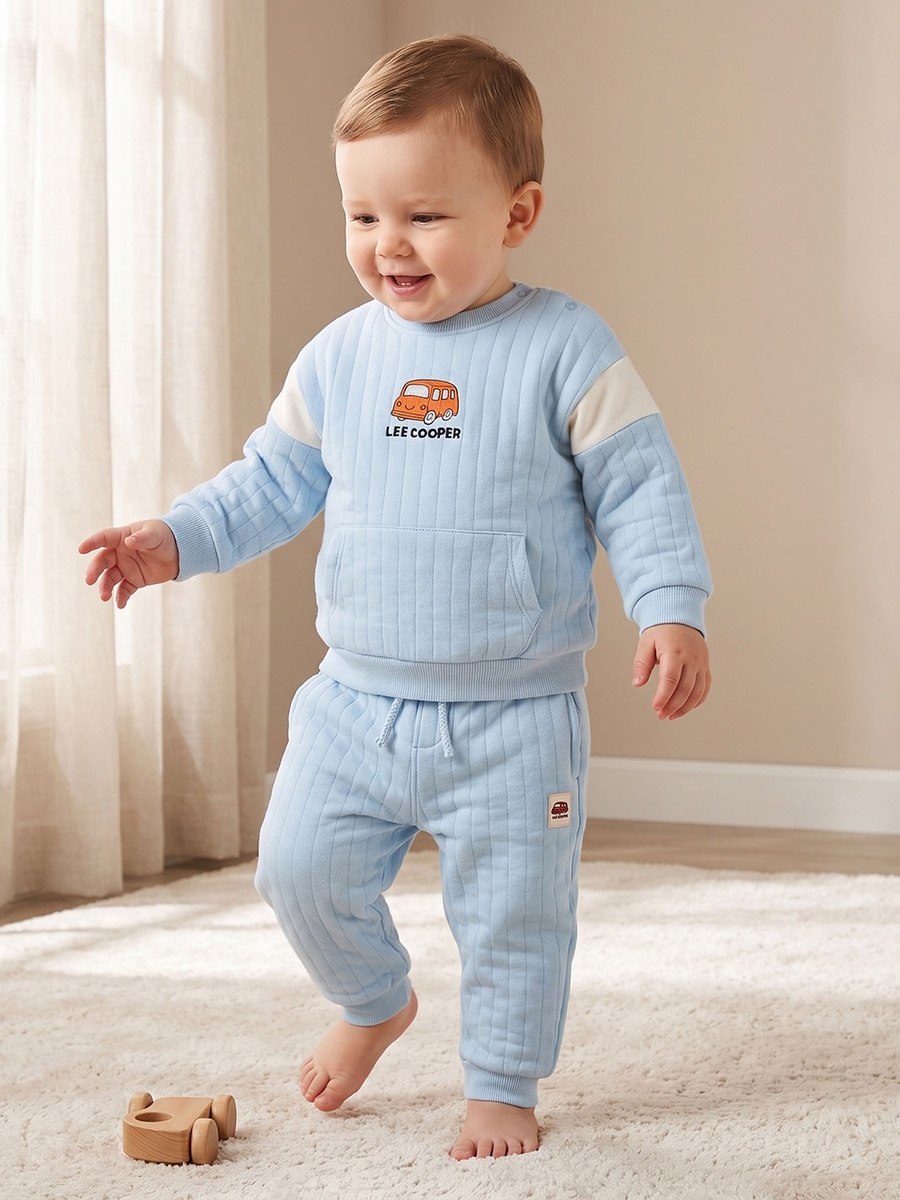 Crew Neck Long Sleeves Sweatshirt and Joggers Set with Vehicle Embroidery