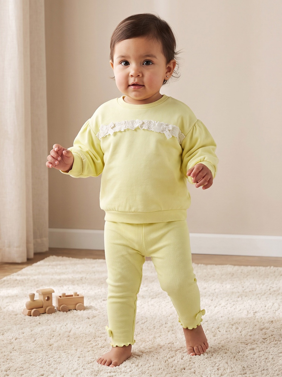 Crew Neck Long Sleeves Sweatshirt and Leggings Set with Lace Trim