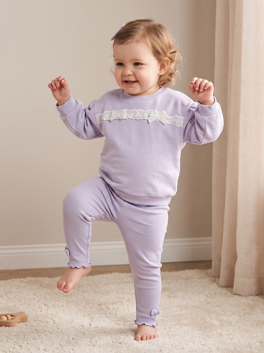 Crew Neck Long Sleeves Sweatshirt and Leggings Set with Lace Trim