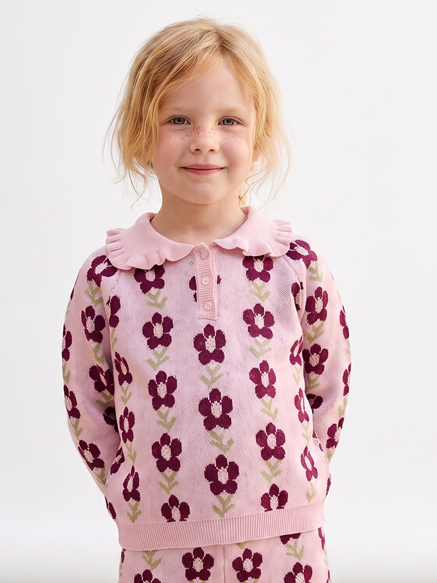 Collared Long Sleeves T-Shirt and Joggers Set with Floral Print