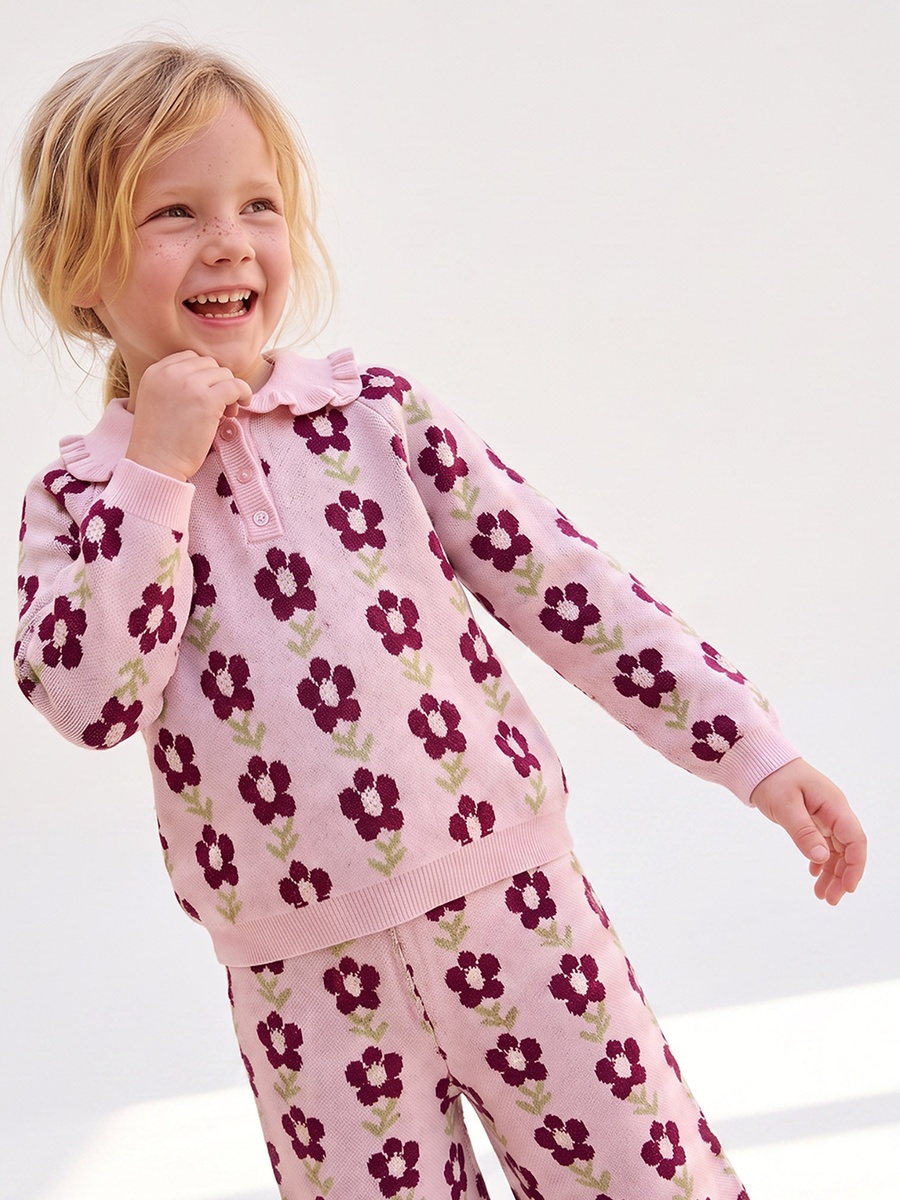 Collared Long Sleeves T-Shirt and Joggers Set with Floral Print