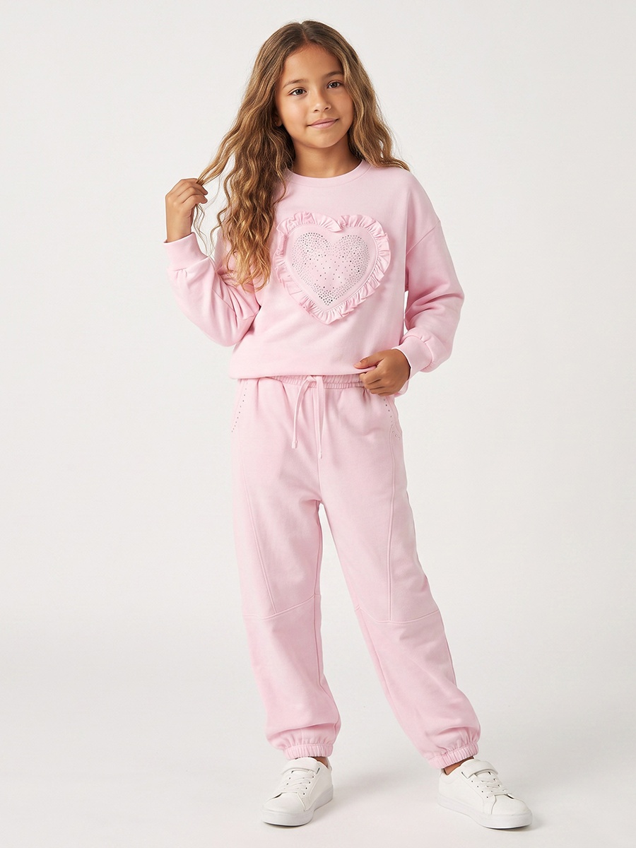 Crew Neck Long Sleeves Sweatshirt and Joggers Set with Heart Applique