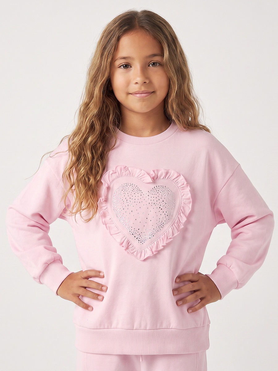 Crew Neck Long Sleeves Sweatshirt and Joggers Set with Heart Applique