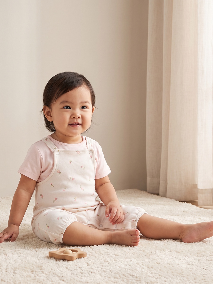 Crew Neck Short Sleeves T-Shirt and Dungaree Set with Floral Print