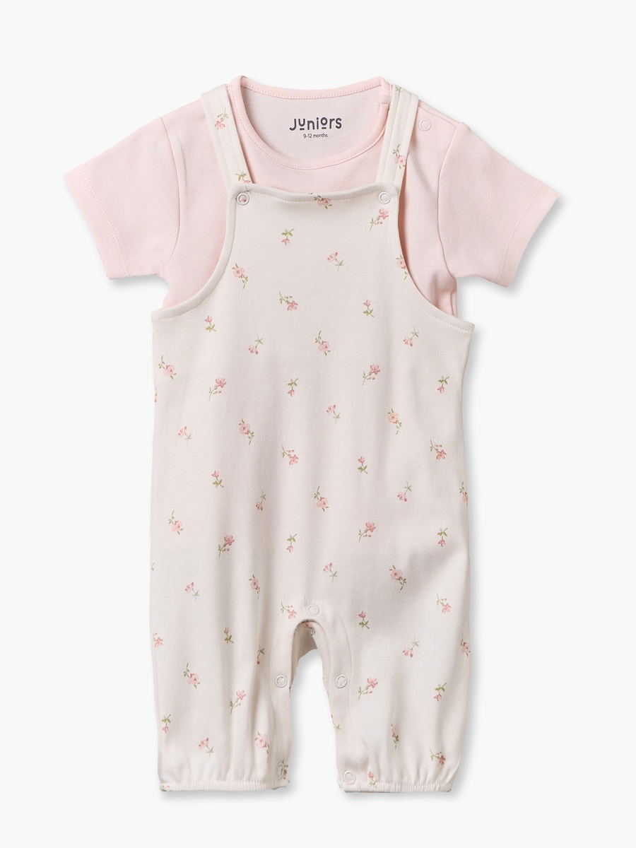 Crew Neck Short Sleeves T-Shirt and Dungaree Set with Floral Print
