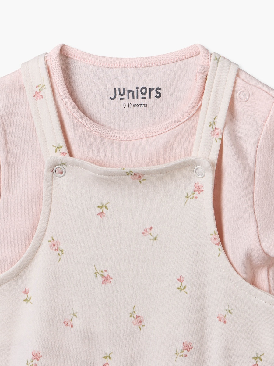 Crew Neck Short Sleeves T-Shirt and Dungaree Set with Floral Print
