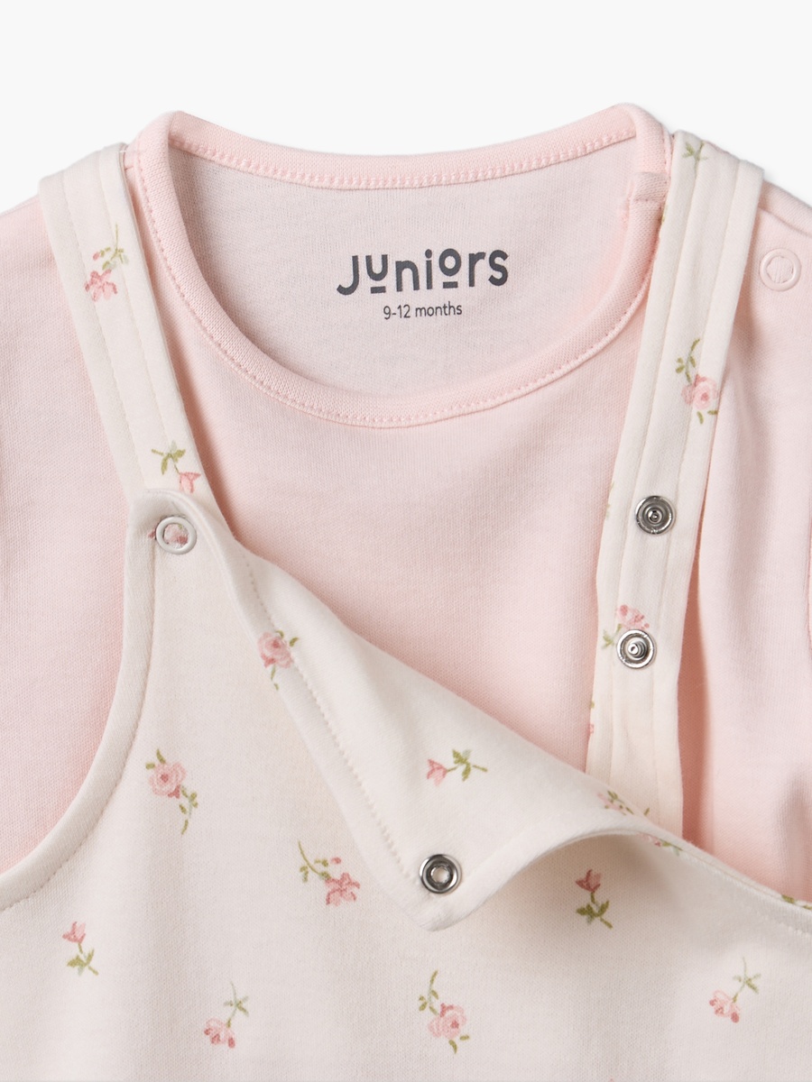 Crew Neck Short Sleeves T-Shirt and Dungaree Set with Floral Print