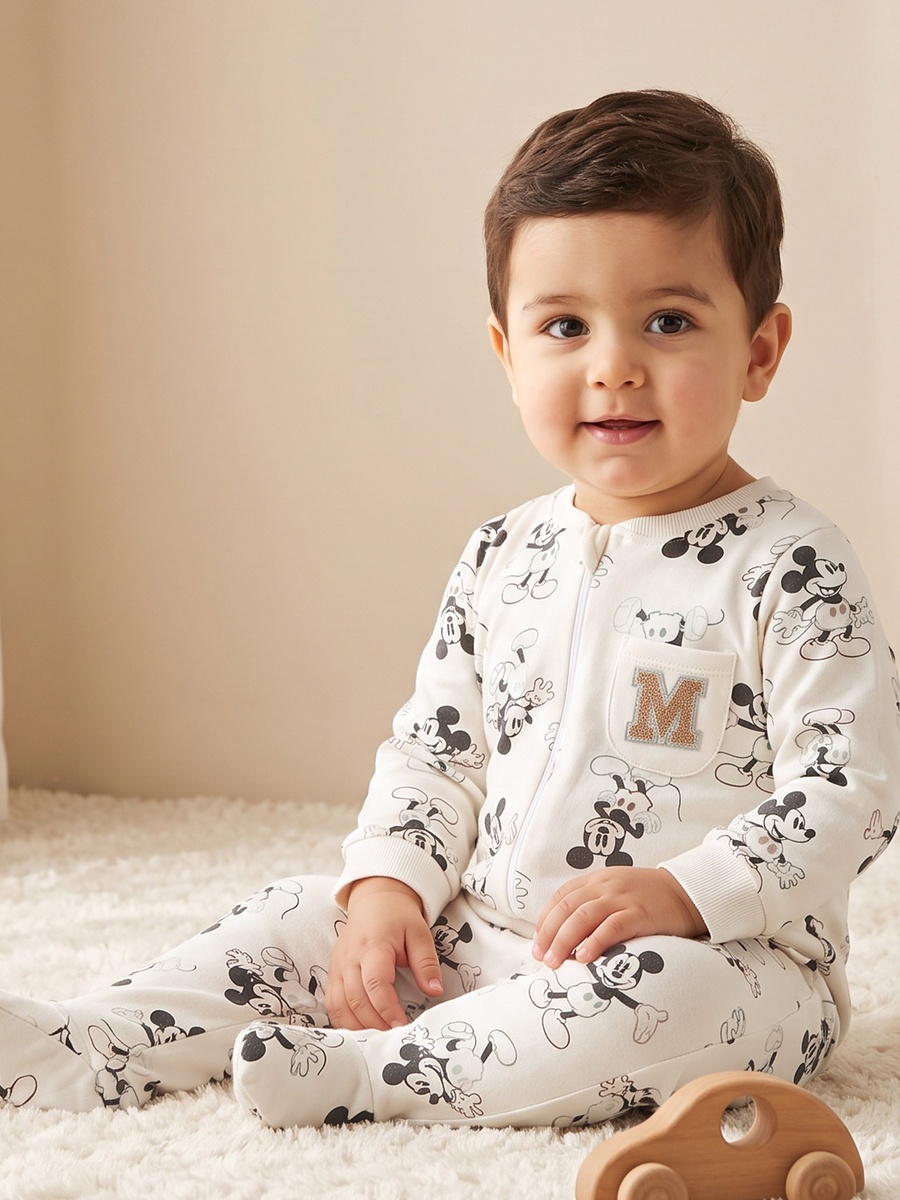 Cotton Crew Neck Long Sleeves Sleepsuit with Mickey Mouse Print