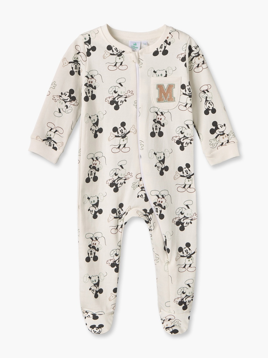 Cotton Crew Neck Long Sleeves Sleepsuit with Mickey Mouse Print