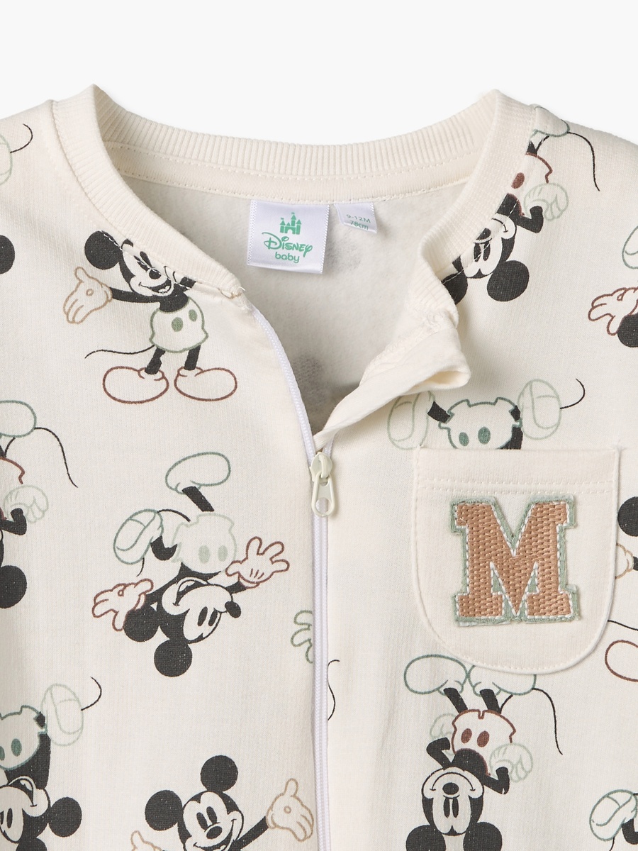 Cotton Crew Neck Long Sleeves Sleepsuit with Mickey Mouse Print