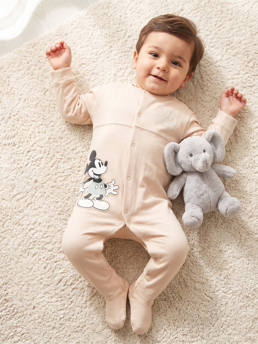 Cotton Crew Neck Long Sleeves Sleepsuit with Mickey Mouse Print