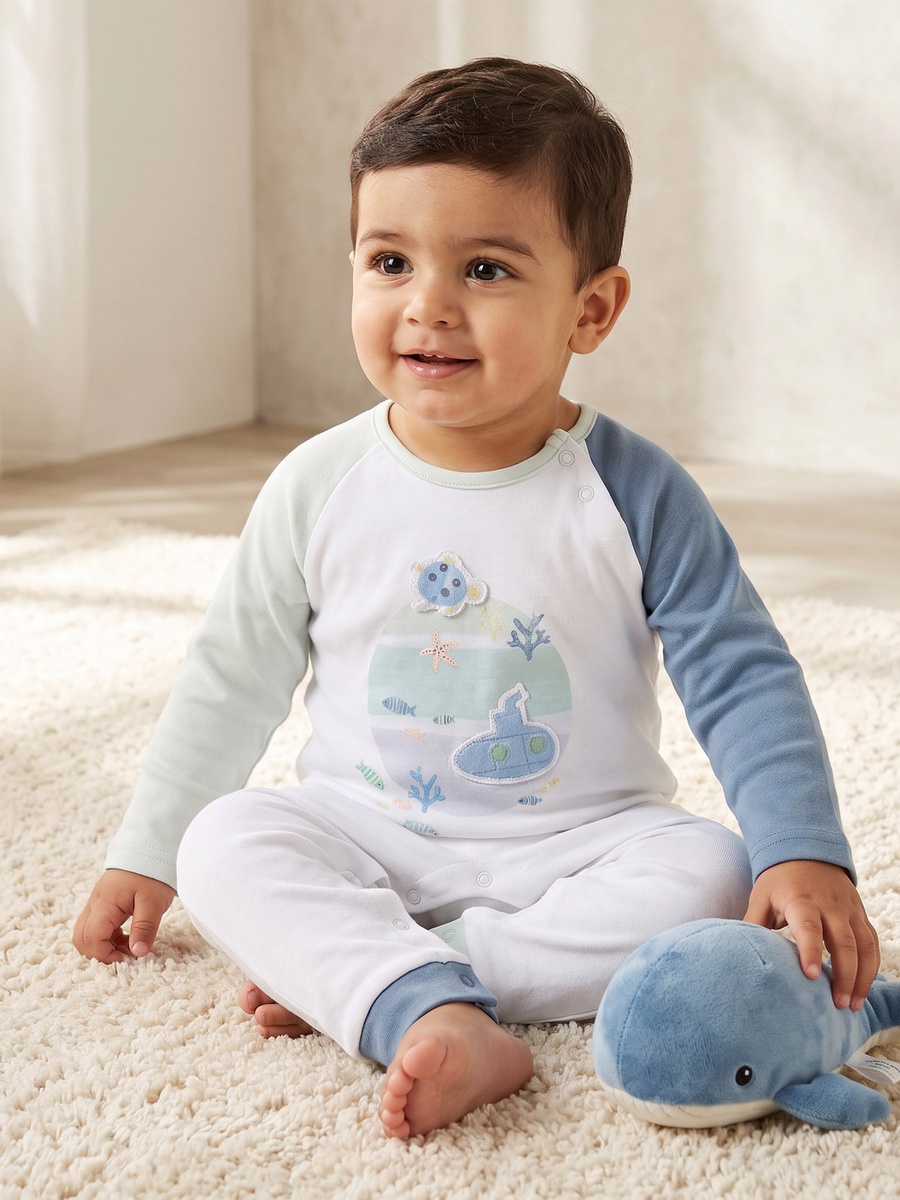 Cotton Crew Neck Long Sleeves Sleepsuit with Oceanic Print