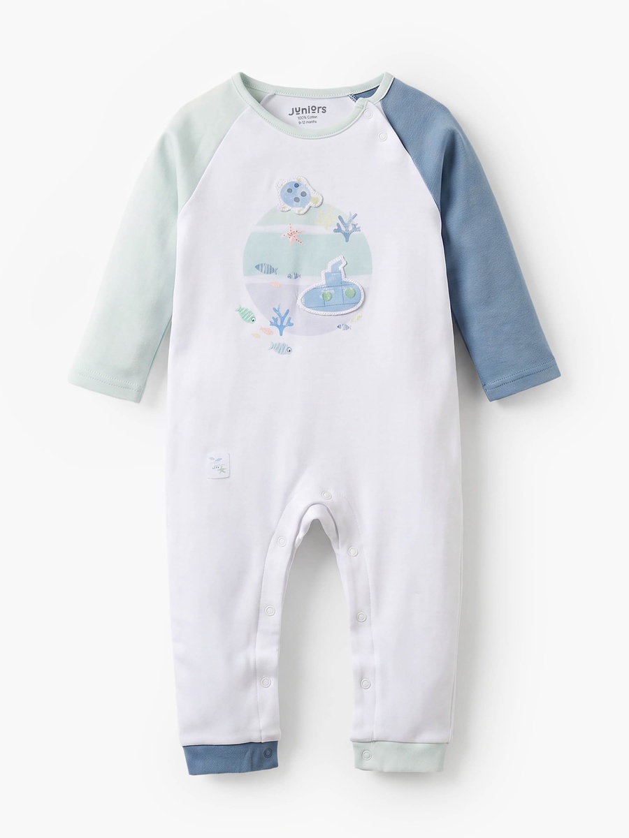 Cotton Crew Neck Long Sleeves Sleepsuit with Oceanic Print