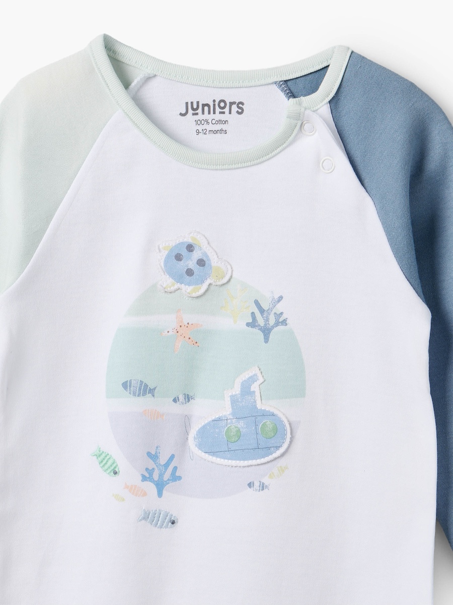 Cotton Crew Neck Long Sleeves Sleepsuit with Oceanic Print