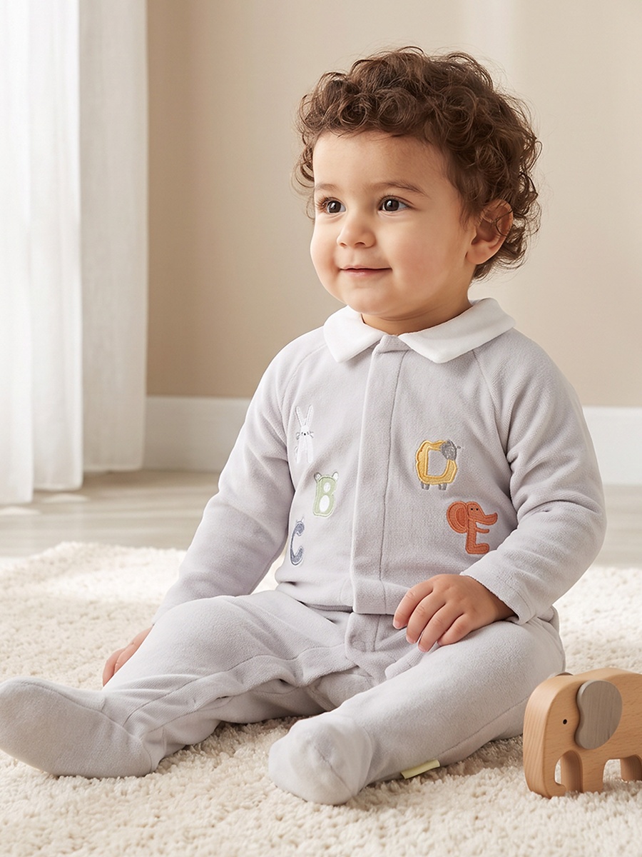 Pack of 2 Velour Crew Neck Long Sleeves Sleepsuit with Alphabet Print
