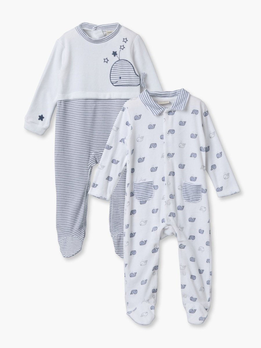 Pack of 2 Velour Crew Neck Long Sleeves Sleepsuit with Whale Print