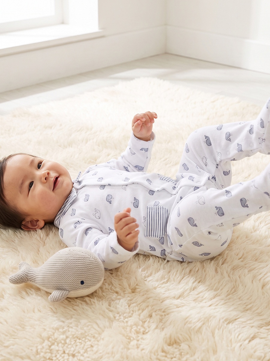Pack of 2 Velour Crew Neck Long Sleeves Sleepsuit with Whale Print