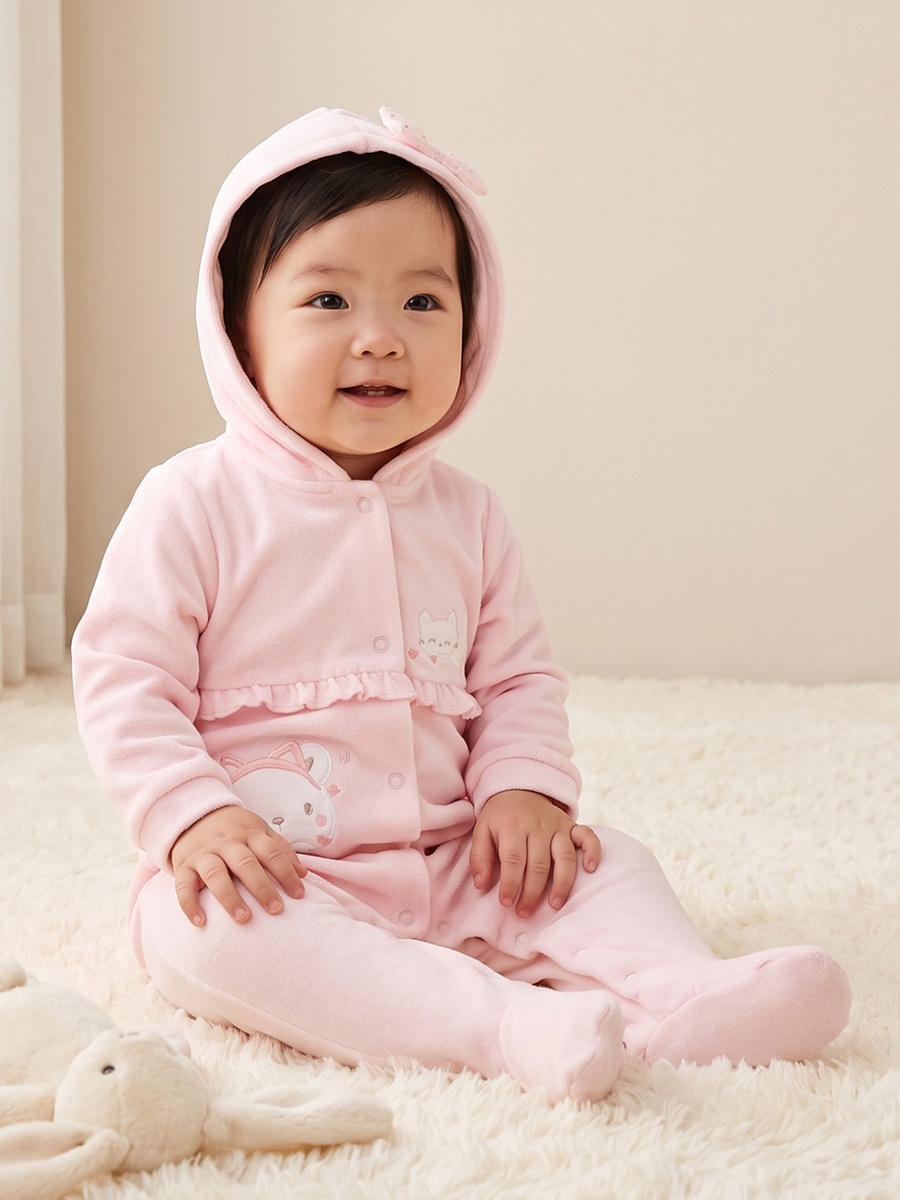 Velour Hooded Long Sleeves Sleepsuit with Cat Embroidery