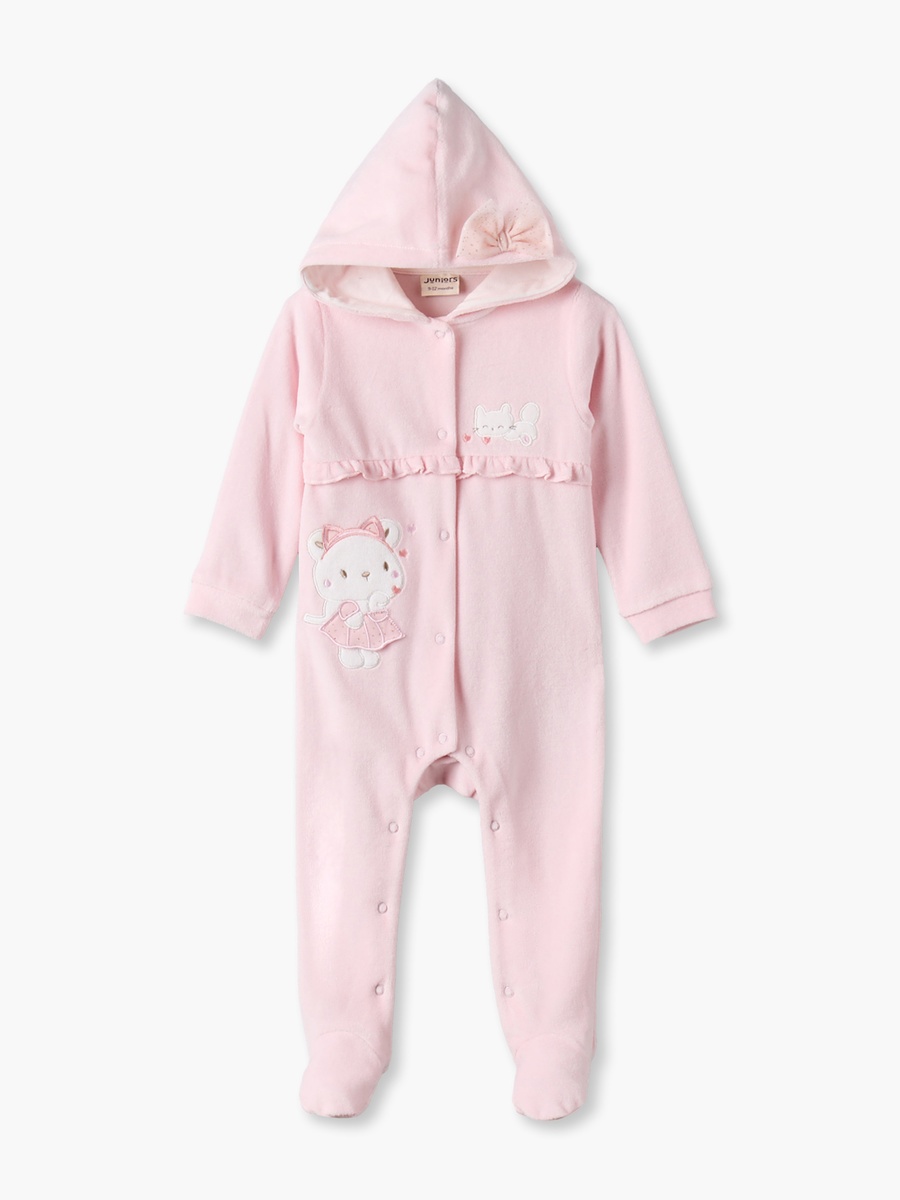 Velour Hooded Long Sleeves Sleepsuit with Cat Embroidery