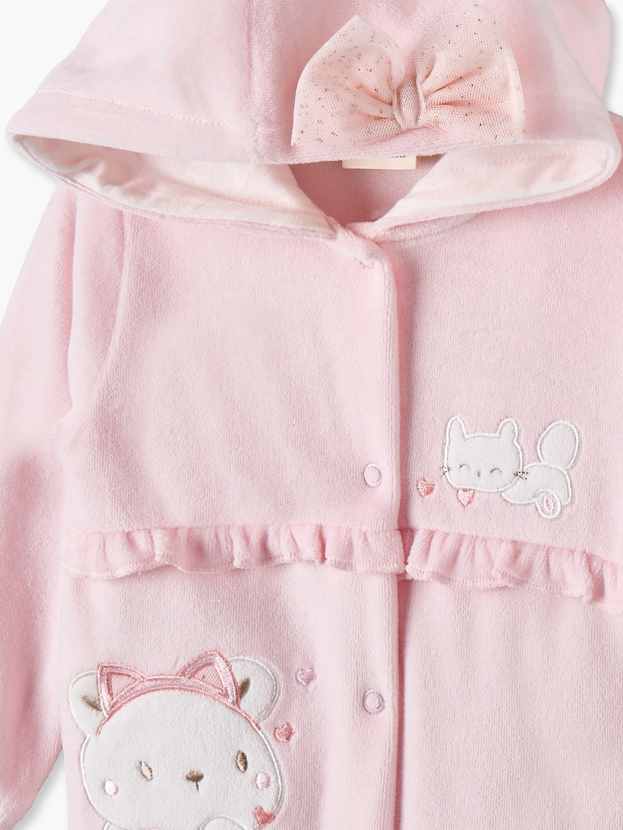 Velour Hooded Long Sleeves Sleepsuit with Cat Embroidery