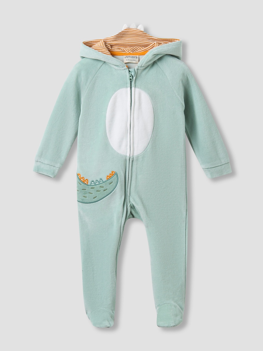 Hooded Closed Foot Sleepsuit with Alligator Applique - Velour - Long Sleeves
