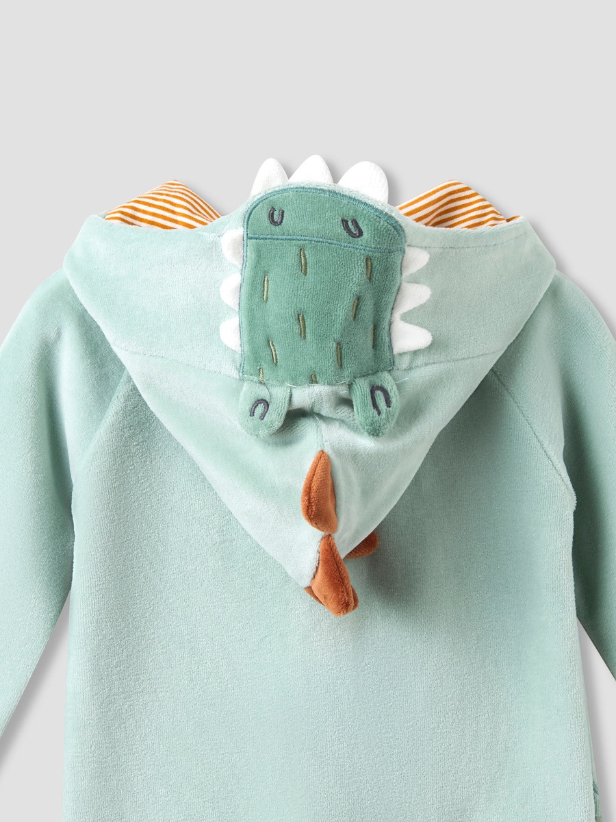 Hooded Closed Foot Sleepsuit with Alligator Applique - Velour - Long Sleeves