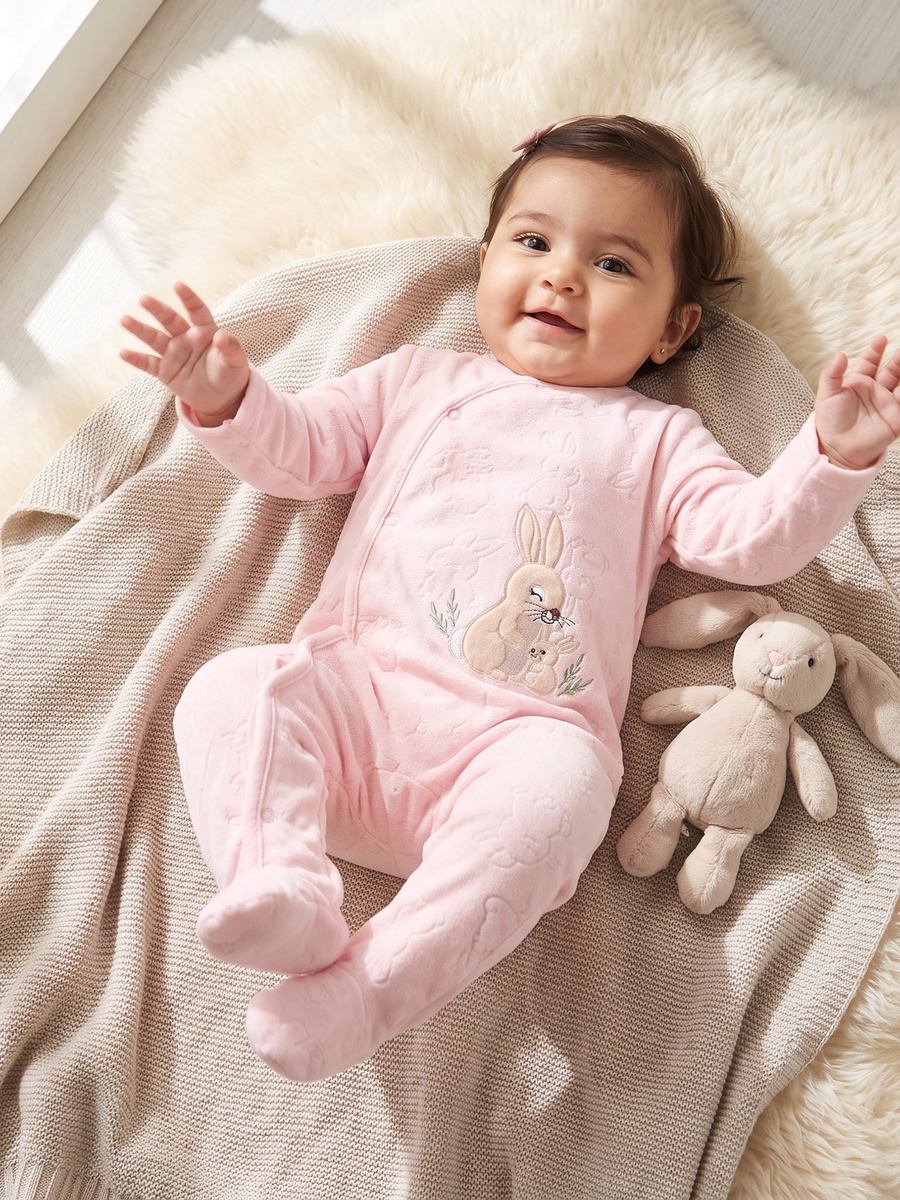 Cotton Round Neck Long Sleeves Sleepsuit with Bunny Applique