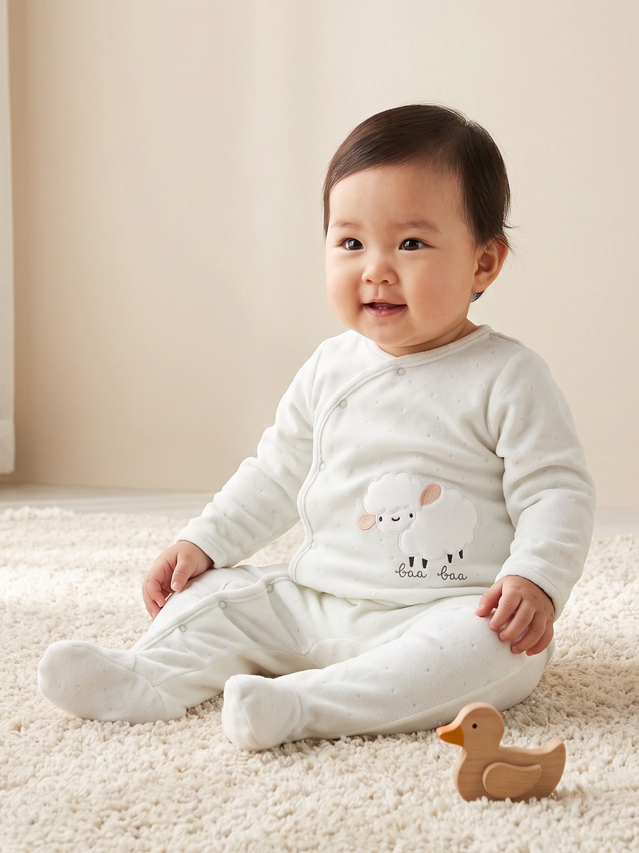 Cotton Crew Neck Long Sleeves Sleepsuit with Sheep Applique