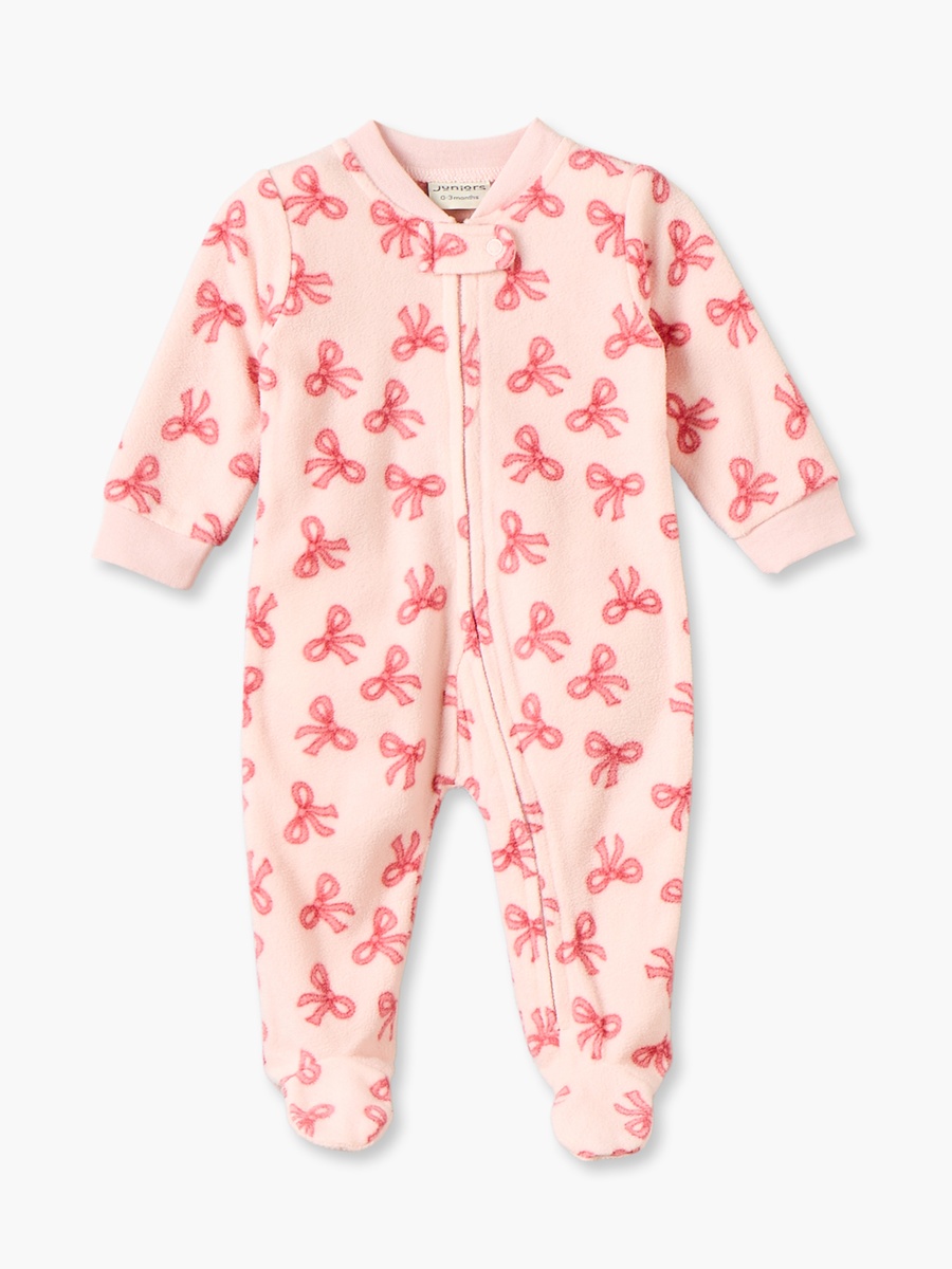 Fleece Crew Neck Long Sleeves Sleepsuit with Bow Print