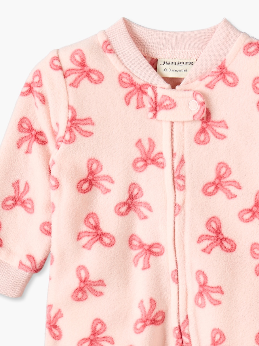 Fleece Crew Neck Long Sleeves Sleepsuit with Bow Print