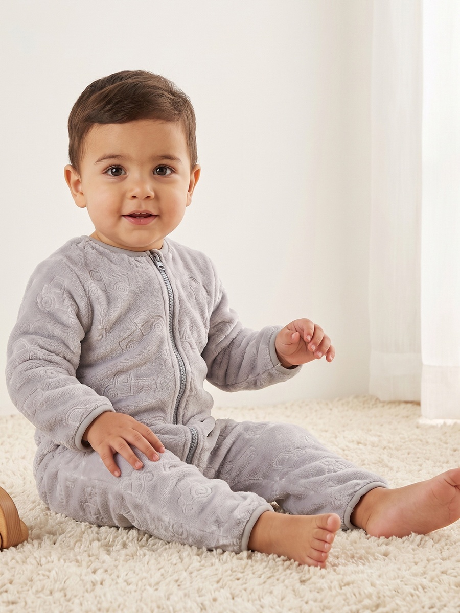 Crew Neck Long Sleeves Sleepsuit with Vehicle Embossing