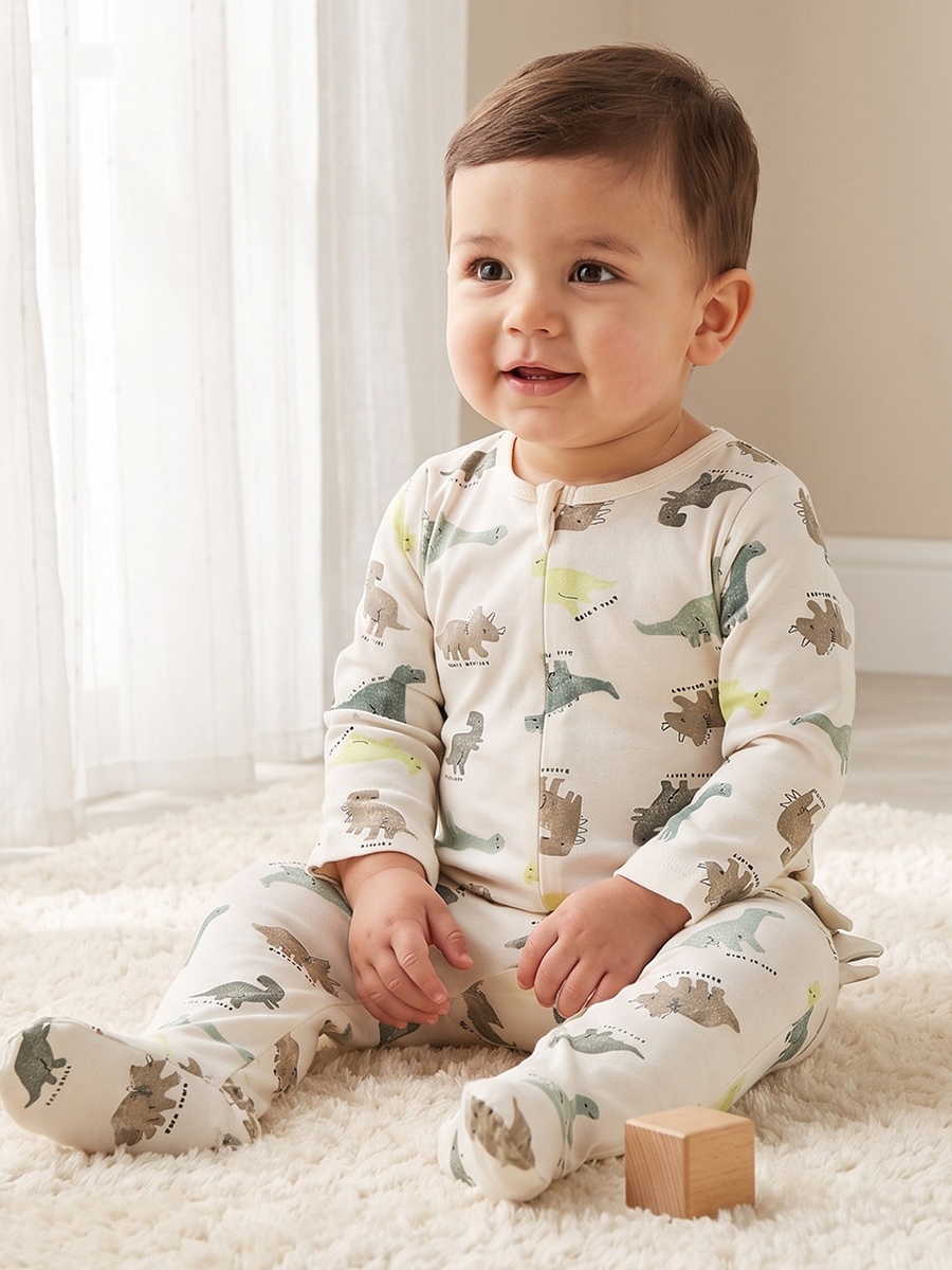 Cotton Crew Neck Long Sleeves Sleepsuit with Dinosaur Print
