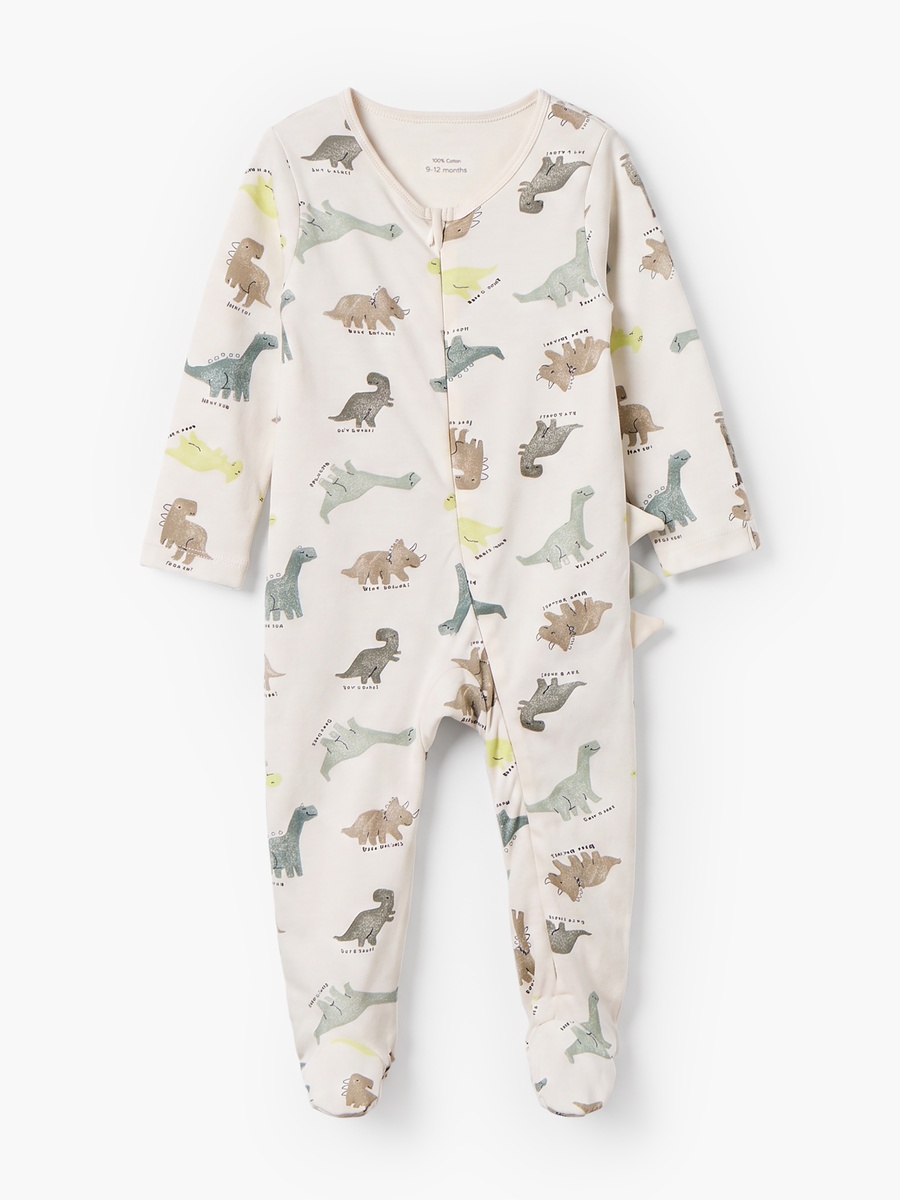 Cotton Crew Neck Long Sleeves Sleepsuit with Dinosaur Print