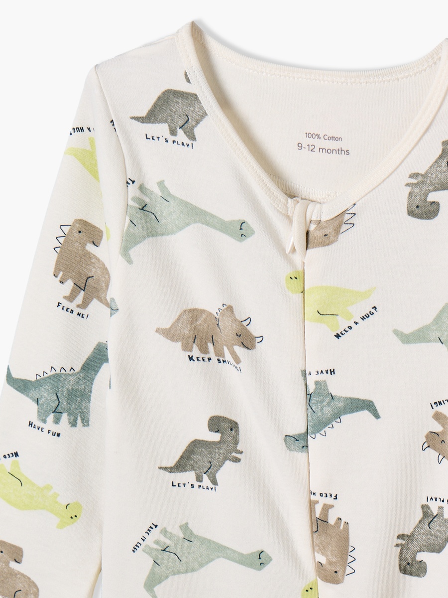 Cotton Crew Neck Long Sleeves Sleepsuit with Dinosaur Print