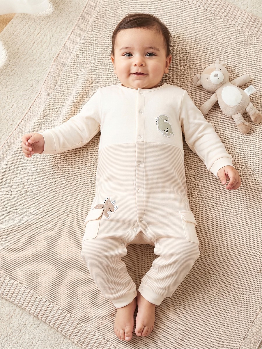 Cotton Crew Neck Long Sleeves Sleepsuit with Stripes