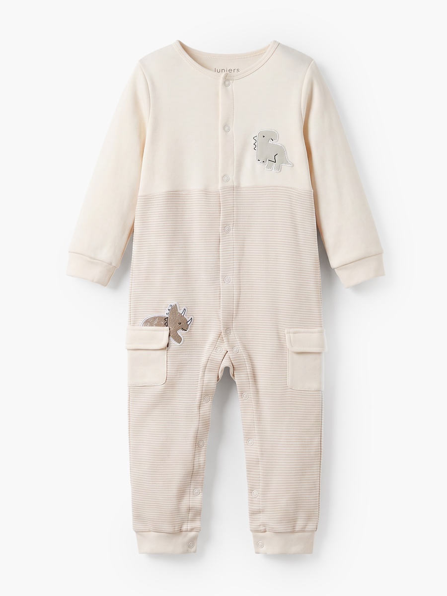 Cotton Crew Neck Long Sleeves Sleepsuit with Stripes