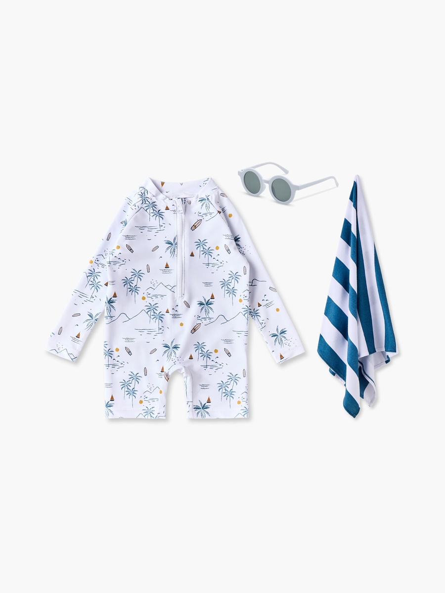 Mandarin Neck Long Sleeves Swimsuit with Towel and Sunglasses