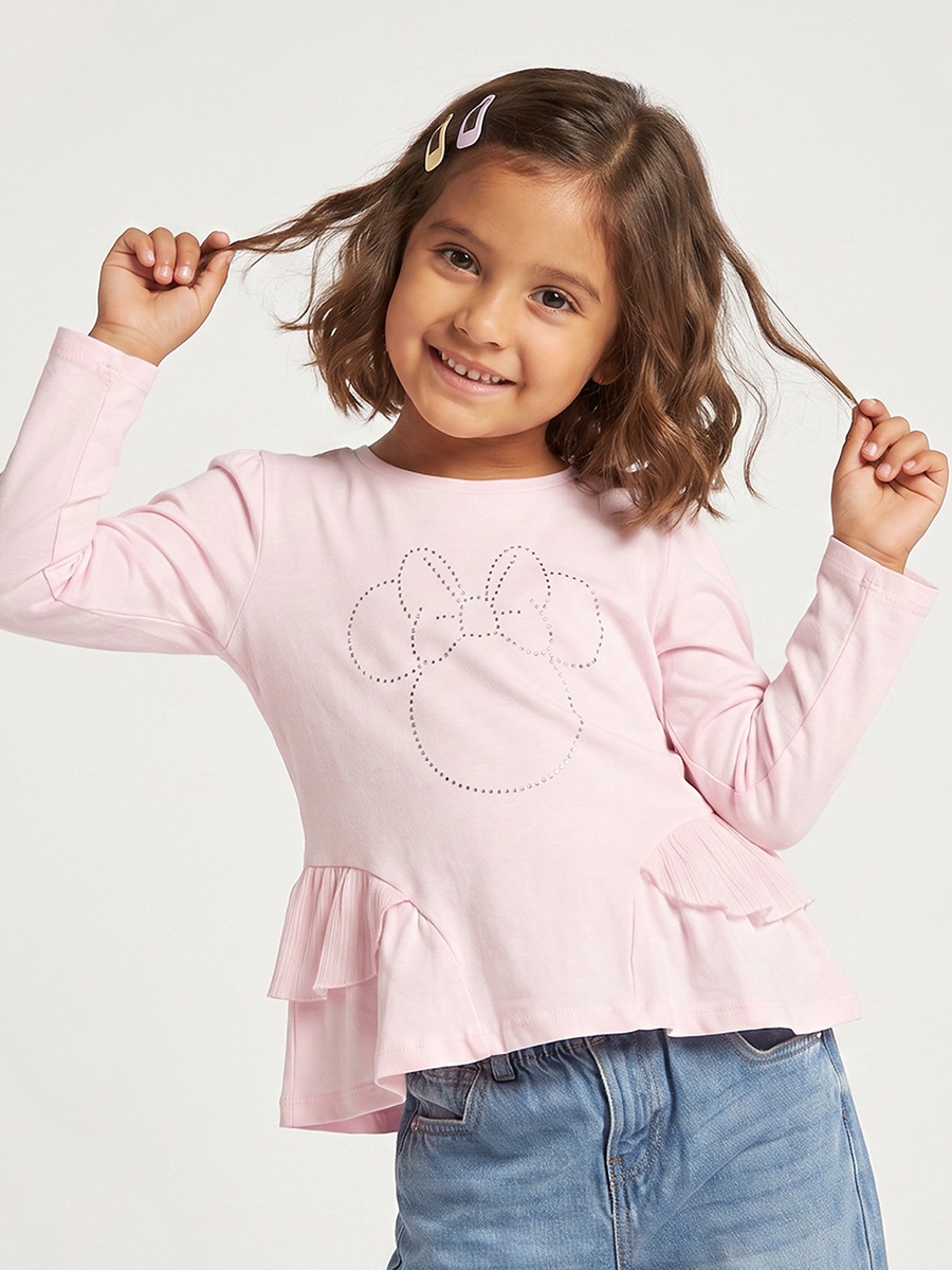 Crew Neck Long Sleeves Peplum Top with Minnie Mouse Embellishments