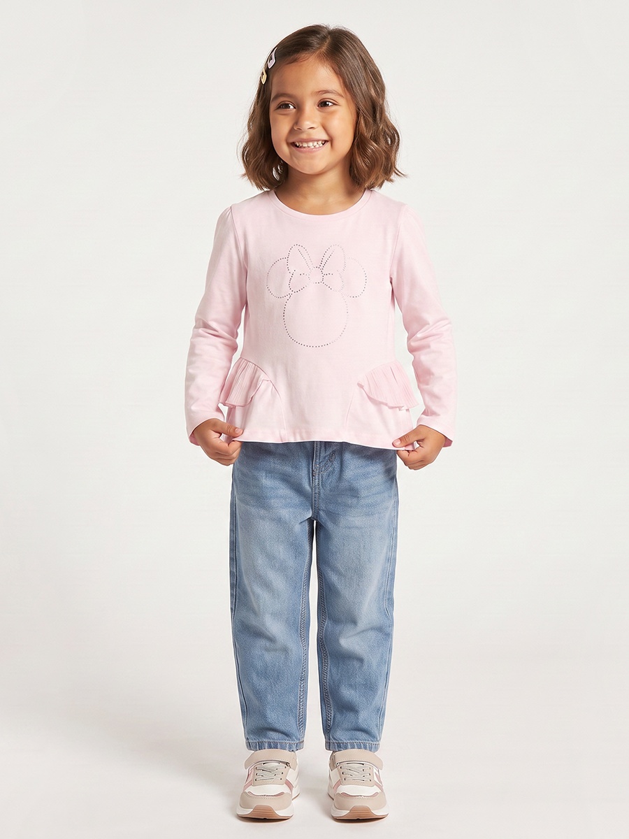 Crew Neck Long Sleeves Peplum Top with Minnie Mouse Embellishments