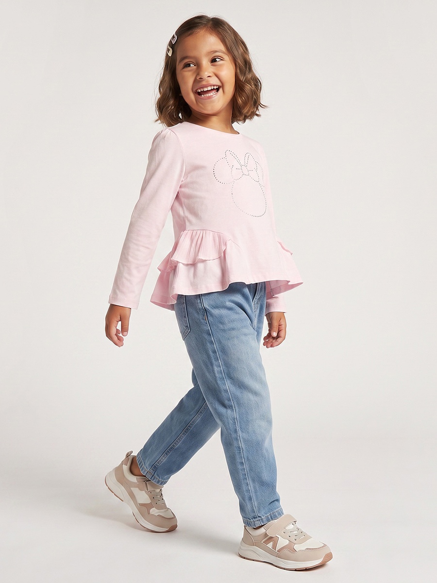 Crew Neck Long Sleeves Peplum Top with Minnie Mouse Embellishments