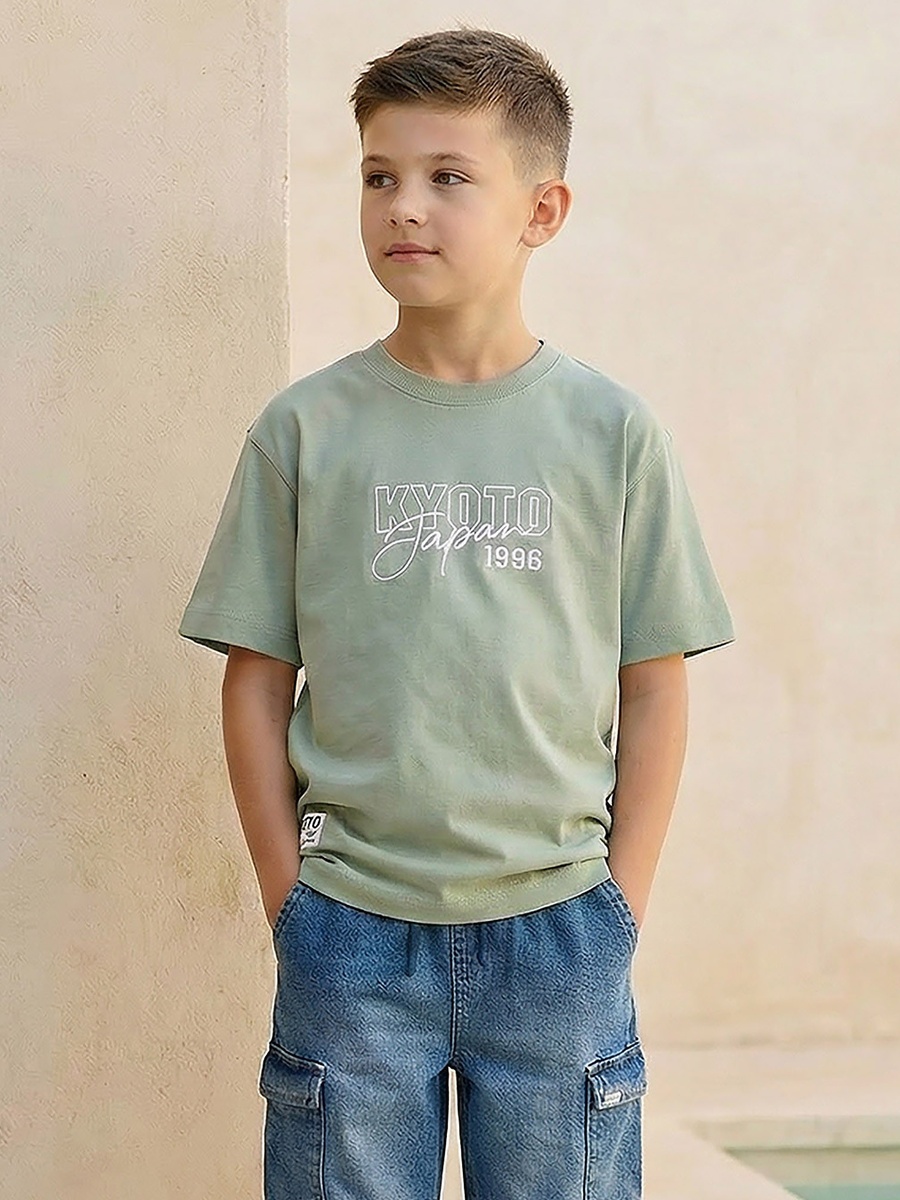 Crew Neck Short Sleeve T-Shirt with Typographic Embroidery