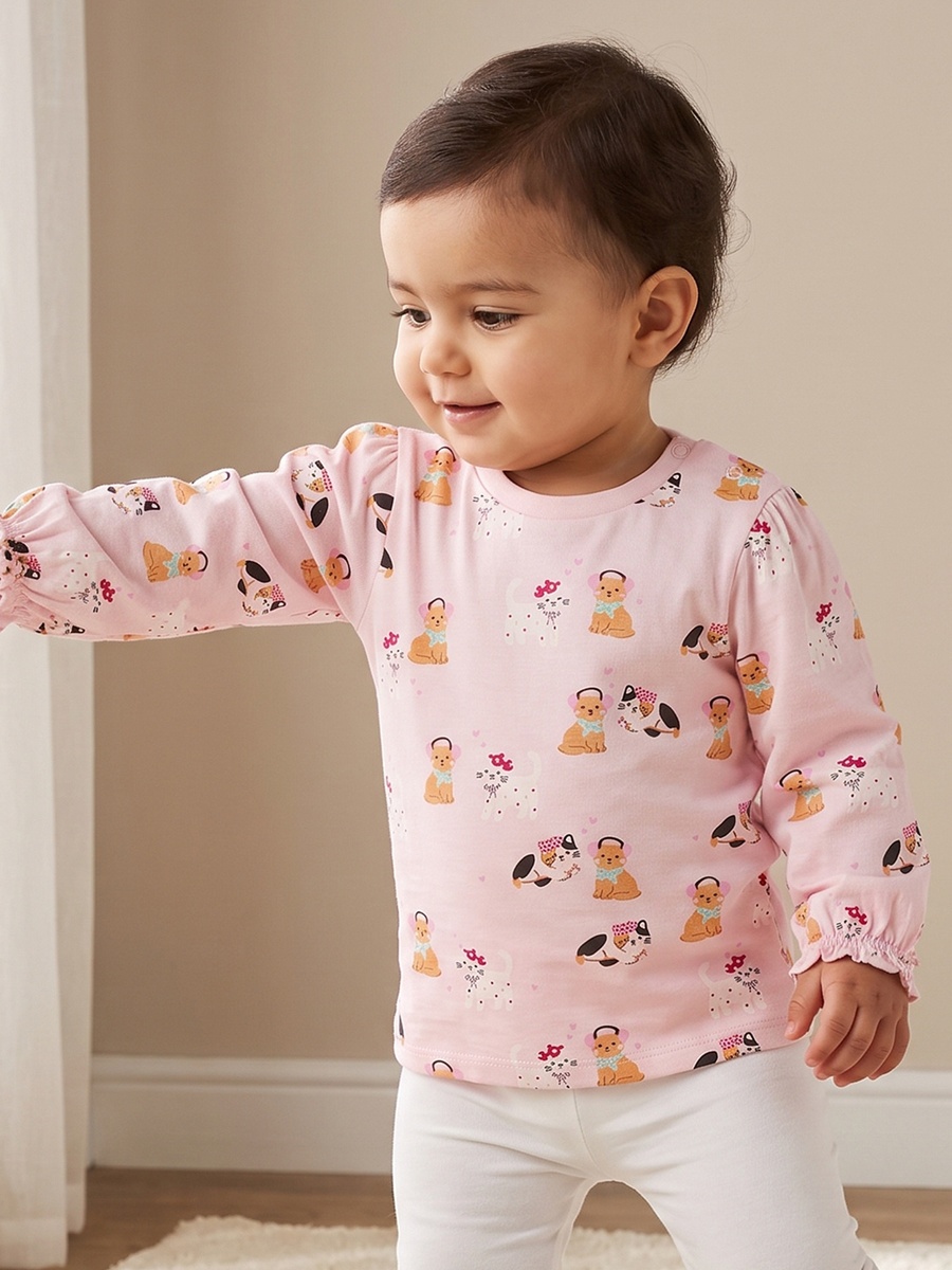 Crew Neck Long Sleeves T-Shirt with Cat Print
