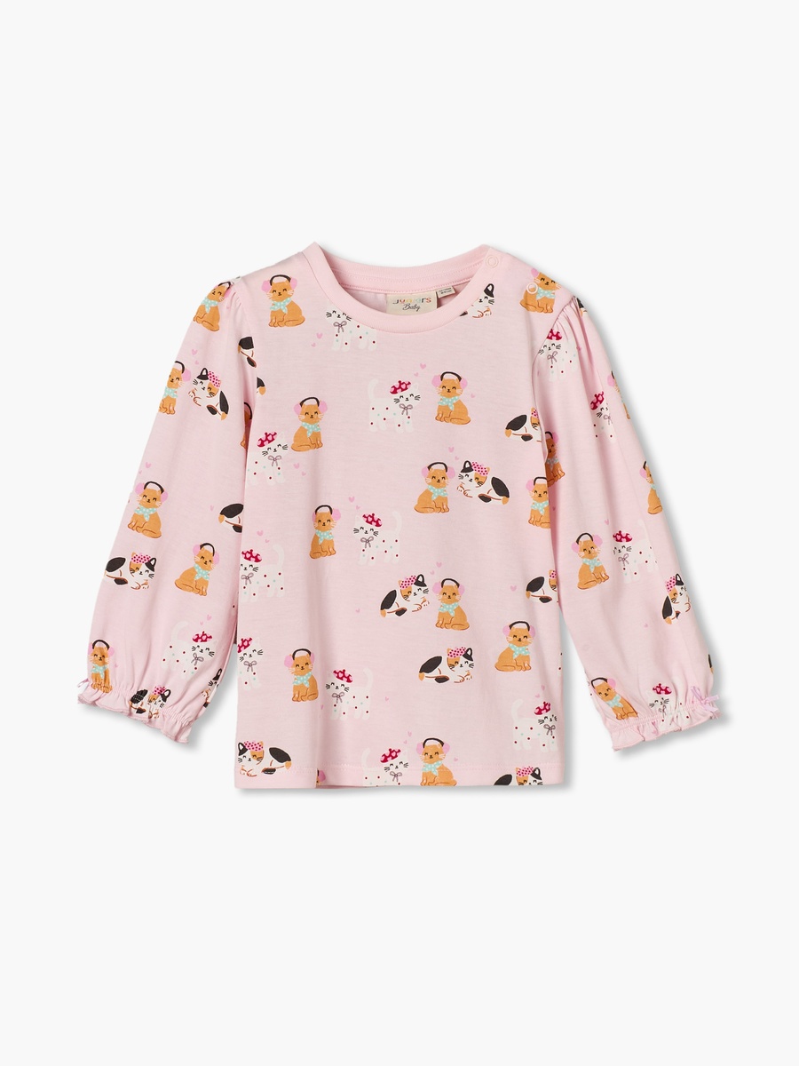 Crew Neck Long Sleeves T-Shirt with Cat Print